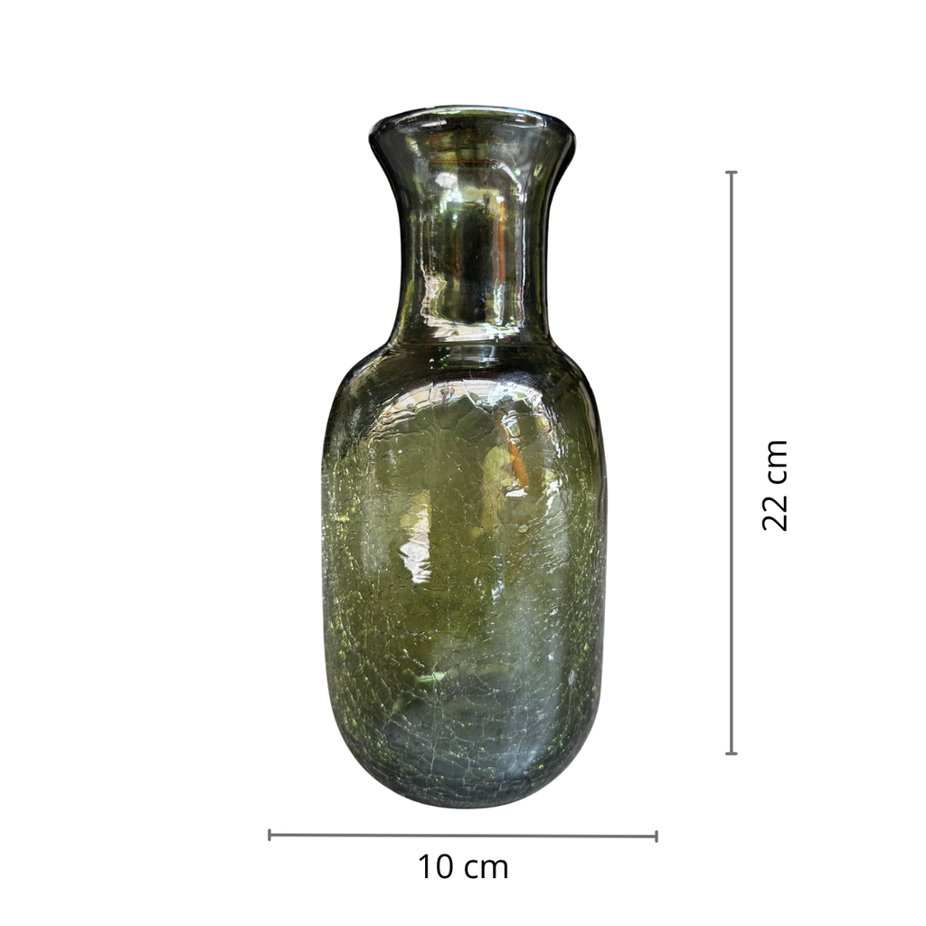 Set de botella y vaso de vidrio Verde olivo craquelado