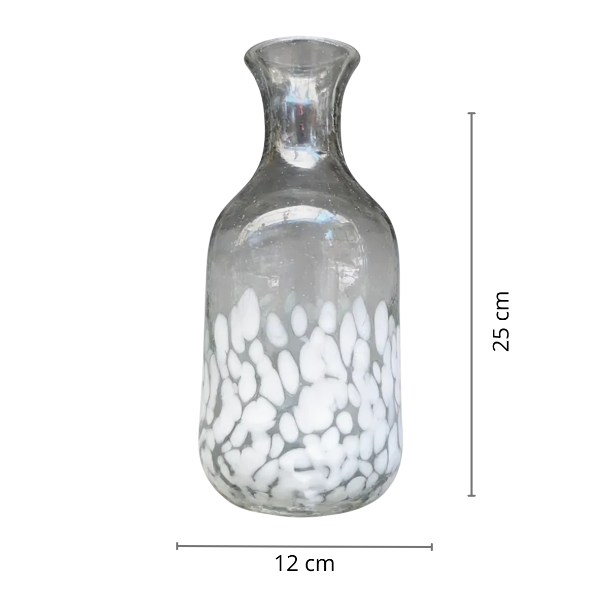 Botella decorativa transparente con detalles blancos 25x12cm