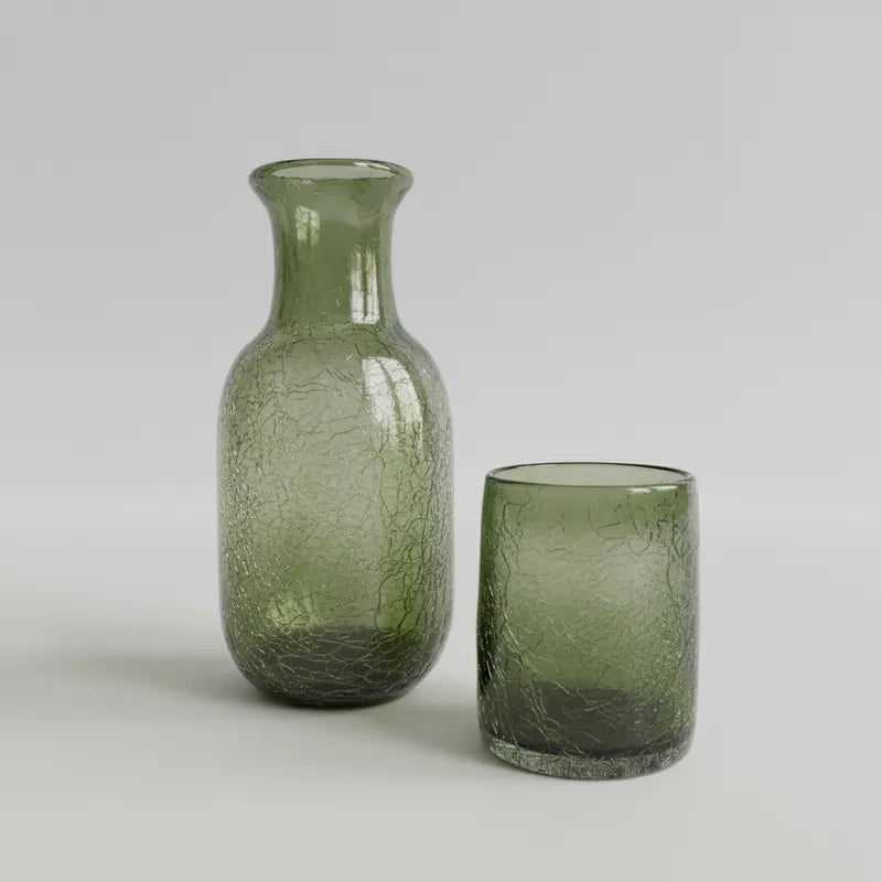 Set de botella y vaso de vidrio Verde olivo craquelado