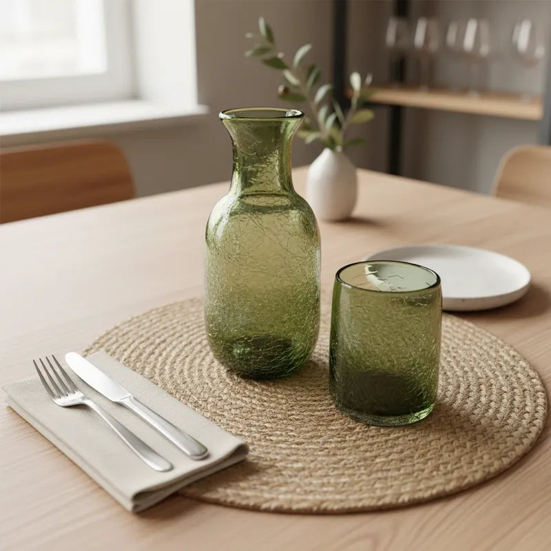 Set de botella y vaso de vidrio Verde olivo craquelado