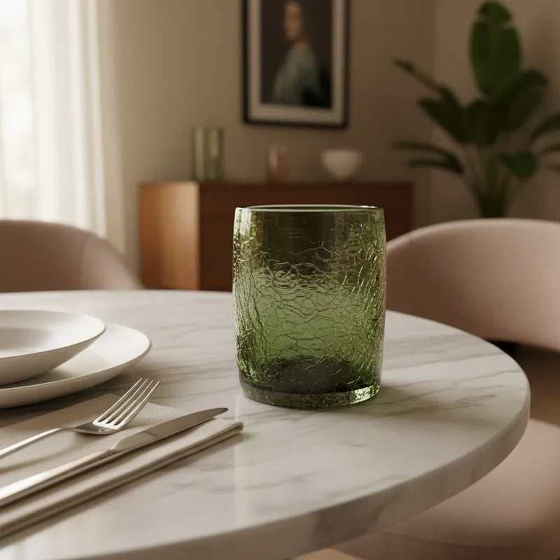 Set de botella y vaso de vidrio Verde olivo craquelado